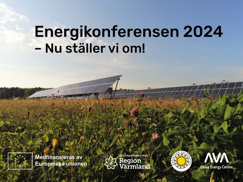 Solpaneler på en grönskande äng. Logotyper för Europeiska unionen, Region Värmland, Karlstads universitet och Glava Energy Center.