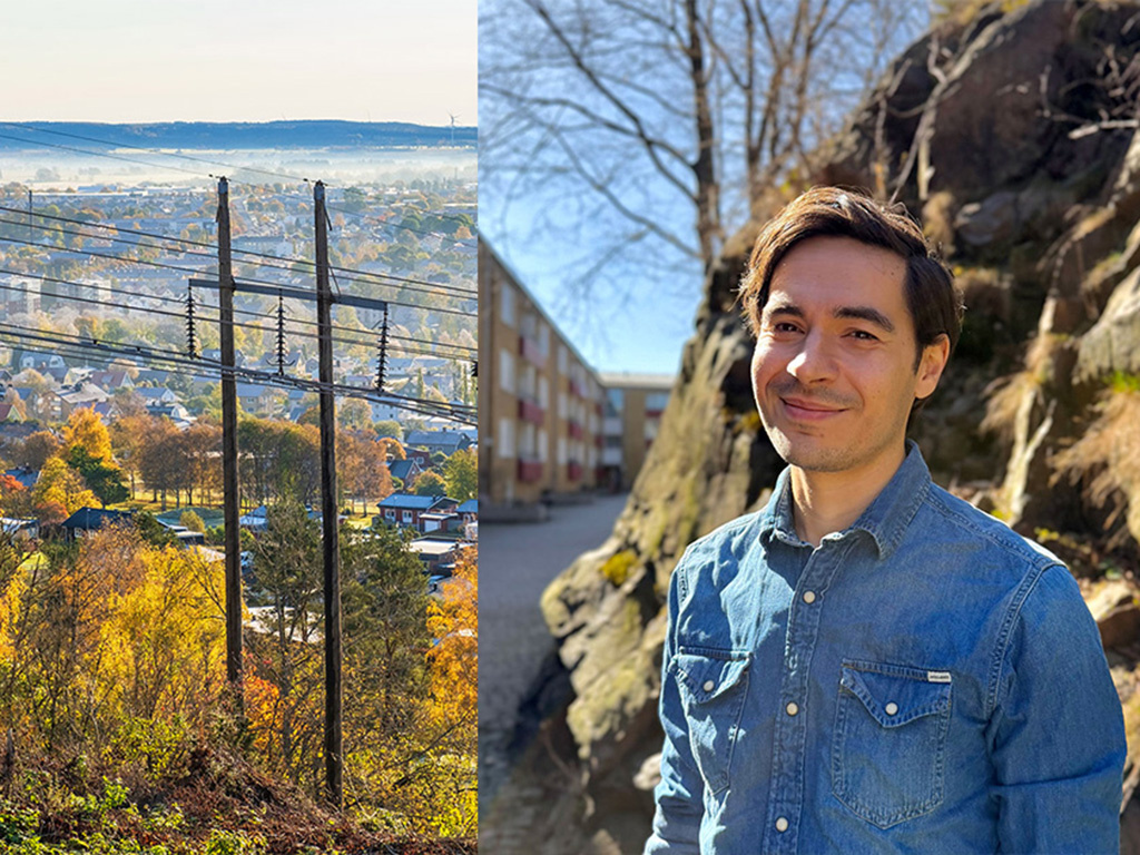 Kollage av ett porträttfoto på en ung man i jeansskjorta och bild på elnätstolpar framför en mindre svensk stad.