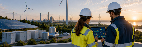 En kvinna och en man i arbetskläder tittar på en skärm. I bakgrunden syns solpaneler, vindkraftverk, elnät och en fabrik.