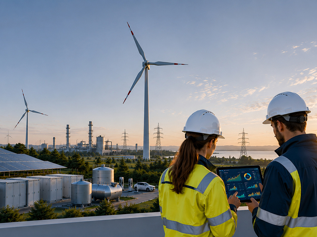A woman and a man stands in front of a screen. In the backgrouns solar panels, wind turbines, electricity grid and a factory.