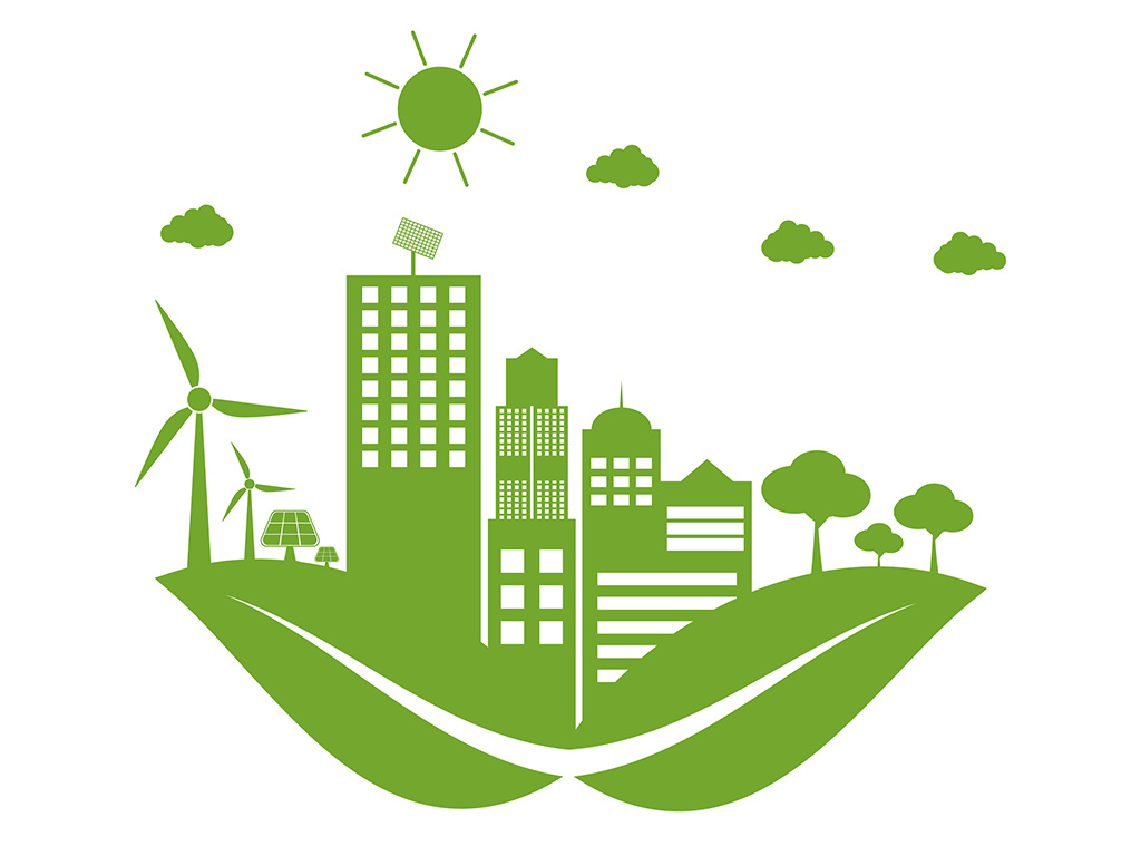 Green illustration of a city, trees, solar panels, wind turbines a sun and a cloud.