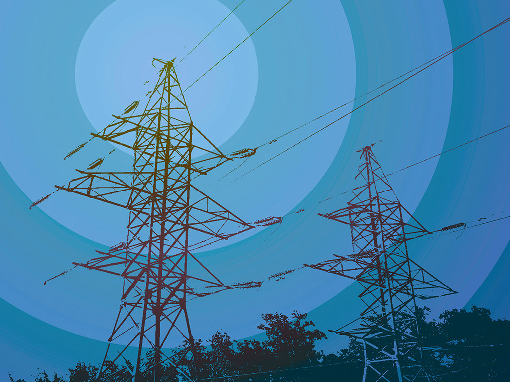 Illustration av kraftledningsstolpar mot en bakgrund med cirkulära färgfält i blått, som symboliserar energi och elektricitet.