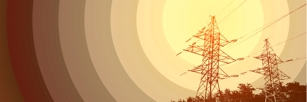 Illustration av kraftledningsstolpar mot en bakgrund med cirkulära färgfält i gult, som symboliserar energi och elektricitet.
