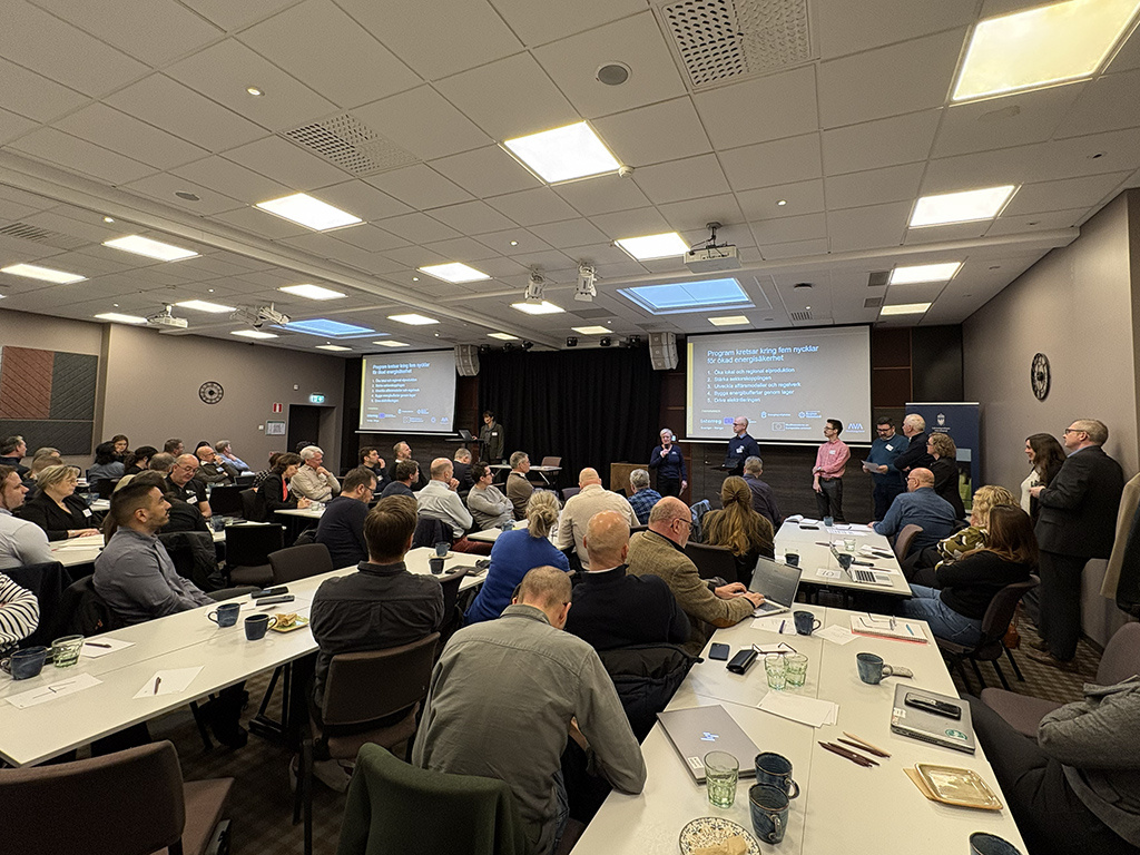 Människor sitter i ett konferensrum och tittar på en rad personer som presenterar.